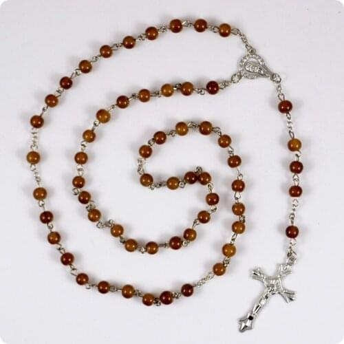 Brown Glass Rosary Beads Necklace INRI Jesus Cross Pendant Necklaces Catholic Fashion Religious Jewelry