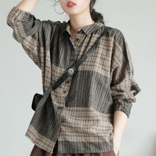 Casual Plaid Blouse Vintage Cotton Linen Shirts Womens Tops New Arrival Autumn Women Shirt Plus Size Batwing Sleeve Loose