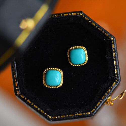 S925 Sterling Silver Fresh Elegant Sky Blue Sleeping Beauty Turquoise Stud Earrings Square Simple Geometric Petite Earrings