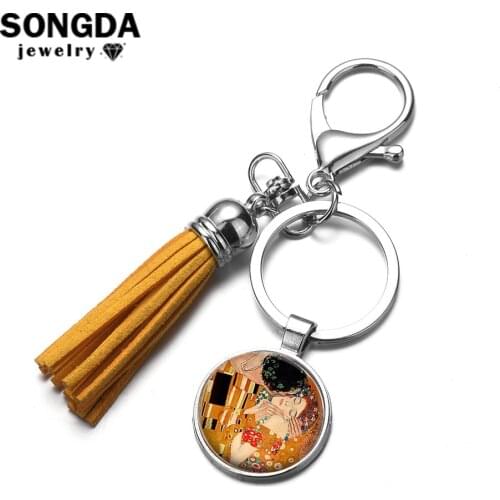 SONGDA The Kiss Gustav Klimt Tassel Keychain Famous Painting Glass Cabochon Charm Key Chain Abstract Artist Collection Key Ring