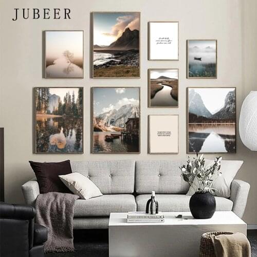 Morning Sunrise Poster Nature Landscape Canvas Painting Mountain Lake Wall Art Print Gallery Decoration Picture for Livingroom