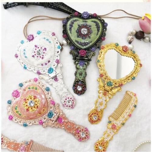 Europe Retro Palace Heart-shaped Mirror Makeup Mirror Folding Portable Large Handle Mirror Hand-held Comb Set Gift J034-1