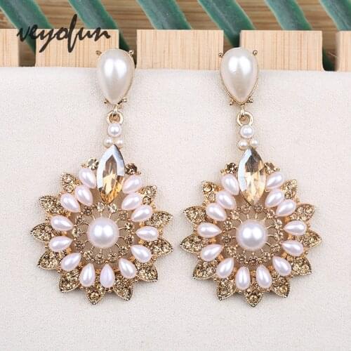 Veyofun Vintage Pearl Rhinestone Drop Earrings Round Bridal Dangle Earrings for Women Fashion Jewelry Gift