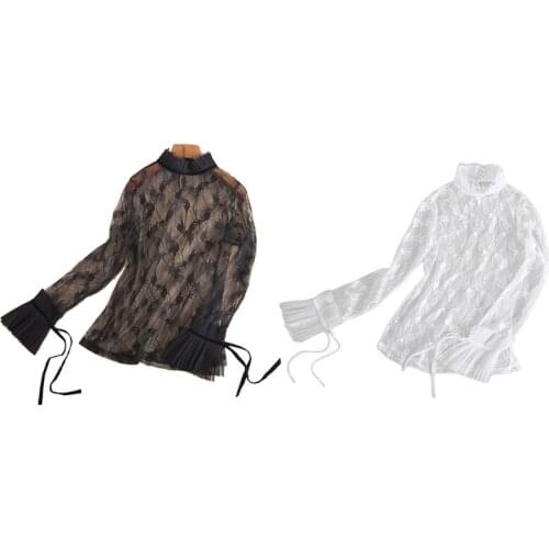 Womens Long Sleeve Ruffles Stand Collar Mesh T-Shirt Dragonfly Pattern See-Through Lace Pullover Top Basic Sheer Blouse