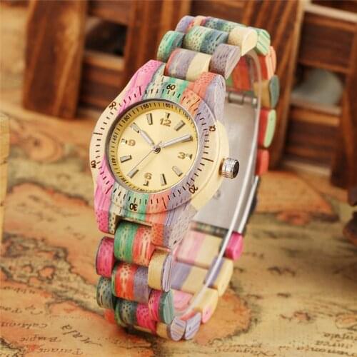 Colorful Natural Wood Womens Bamboo Wristwatch Lady Quartz Analog Watches Full Wooden Bracelet Clock Luminous Hands reloj