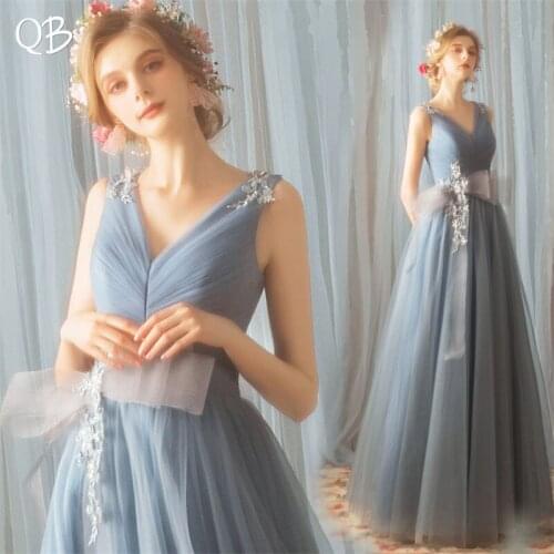 A-line V-neck Sash Tulle Long Formal Elegant Evening Dresses Bride Banquet Party Prom Dress XK22