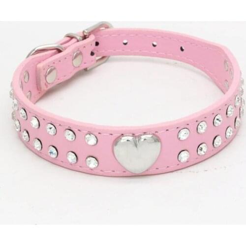 100pcs/lot Fast shipping 2 Row Bling Crystal Rhinestone PU Leather Pet Collars Cat Dog Collar Neckla With Heart Charm 5 colors