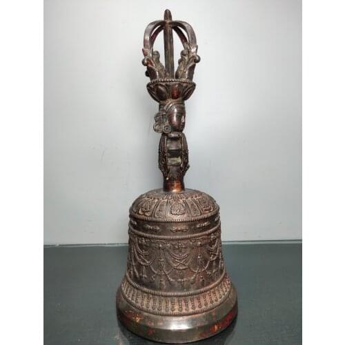 15"Chinese temple collection Old Bronze Cinnabar Lacquer Mahakala head statue Vajra Rattle Bells Town House Exorcism