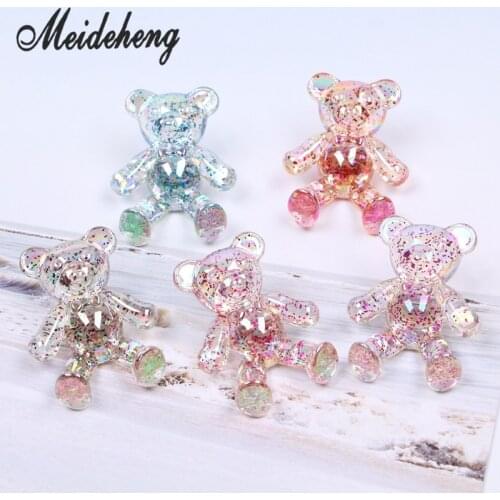 39mm 10pcs Bling Glitter Bear Cute AB Color Plating Transparent Back Hole Fit Headdress Hair Ring Decorative Props Kids Gifts