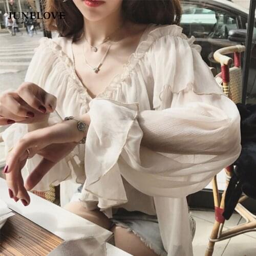 JuneLove 2020 Spring Women Solid Elegant Blouse Vintage Lady Long Sleeve Ruffles Chiffon Shirt Lantern Sleeve casual Tops Female