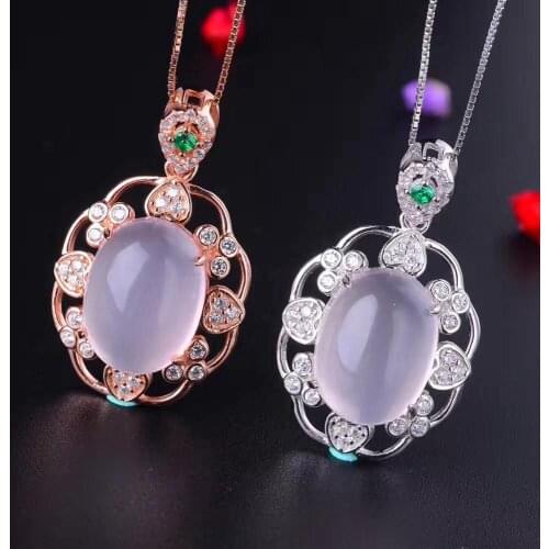 Big size natural pink rose quartz gemstone necklace women silver necklace 925 sterling silver natural gem birthday party gift