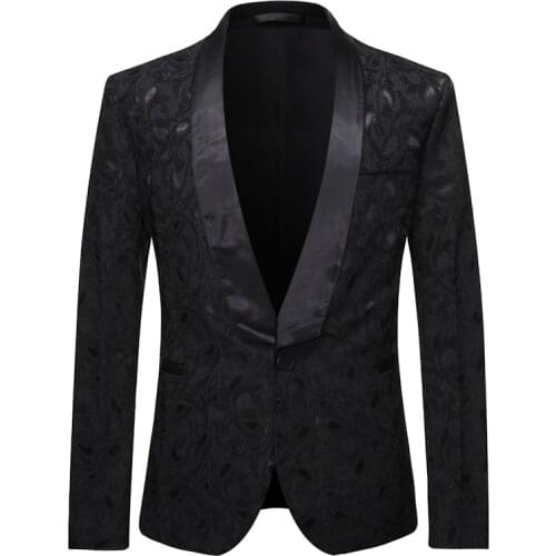 Black Floral Jacquard Shawl Collar Blazer Men Slim Fit Oen Button Tuxedo Blazer DJ Club Party Wedding Mens Suit Blazer Jacket