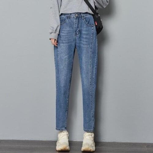 Cotton Straight Jeans Woman Elasticity High Waist Jeans Woman Plus Size Mom Jeans Blue New Loose Harem Pants Hot Sale