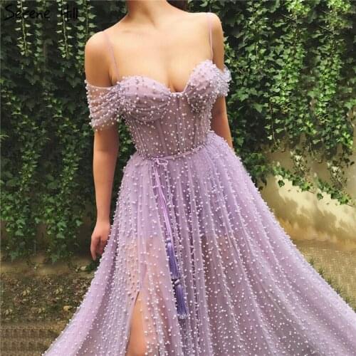 Purple Sexy Pearls A-Line Tulle Prom Dresses 2020 Latest Design Short Sleeves Prom Gowns Serene Hill DLA70082