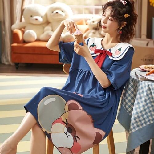 Kawaii Cartoon Women Big Size Blue Knee-length Nightdress Summer Casual Cotton Short Sleeve Cute Strawberry Doll Collar Homewear