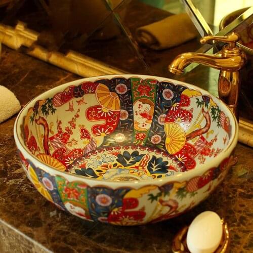 China Artistic antique Handmade Ceramic wash basin Lavobo Round Counter top bathroom wash bowls round