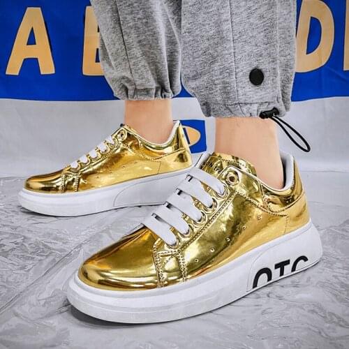 Golden Mens Casual Shoes Platform Sneakers Luxury Glitter Mirrors Shoes PU Leather Casual Vulcanized Low Sneakers For Men Teen