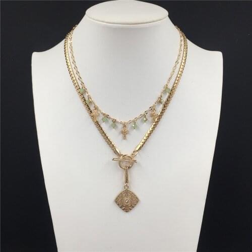 Trendy Gold Color Flower Textured Pendant T Bar O Bar Cross Bead Charm Layered Necklace For Women Girl Bohemia Elegant Multi