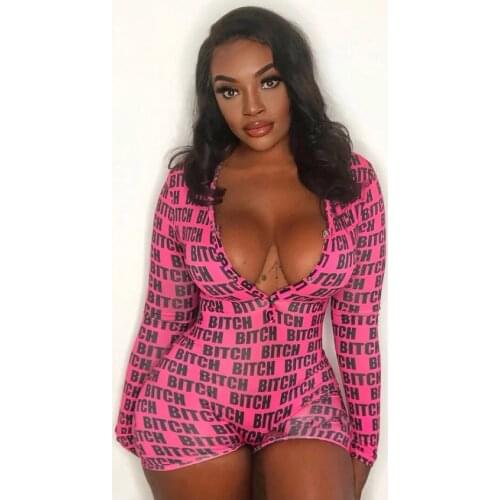 Sexy Womens Deep V-neck Playsuit Ribbed Bodycon Casual High Waist Letter Printed Color Romper Long Sleeve Short Pant Home Wear