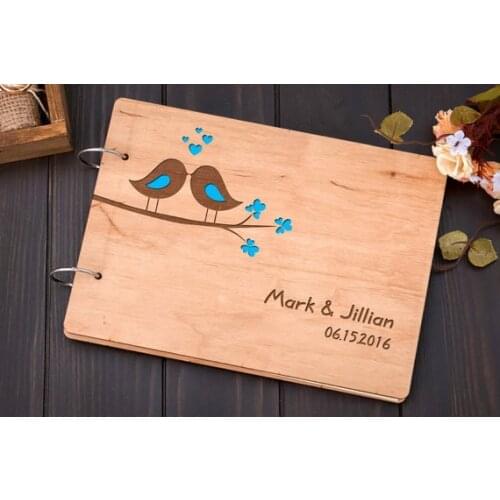 Custom names date love birds on tree Rustic wedding guest album book engraved Wooden guestbooks Reception party decorations
