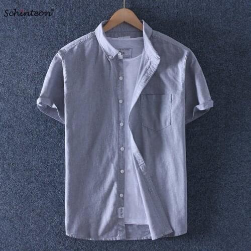 2020 Schinteon Men Summer Oxford Short sleeved Casual Slim Shirt 100% Cotton Shirts Turn-down Collar Brand New Arrival