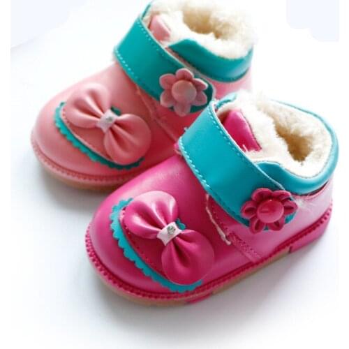 Insole 12-14cm Girl Baby Snow Boots PU Bow Fur Thick Children Shoes Winter First Walker