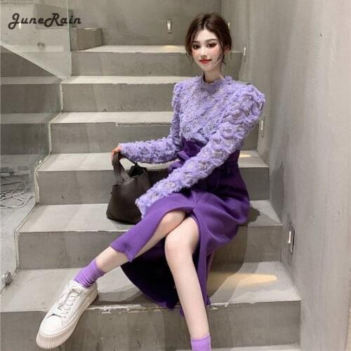 Chic Korean Spring Purple Lace Blouse Top Slim High Waist Bow Lace Up Waist Split Skirts Fashion Vintage Temperament Gentle Sets