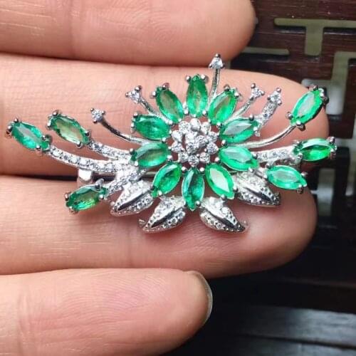 Natural green emerald gem brooch natural gemstone Luxury flowers Grape bunches brooch S925 silver women party gift party jewelry