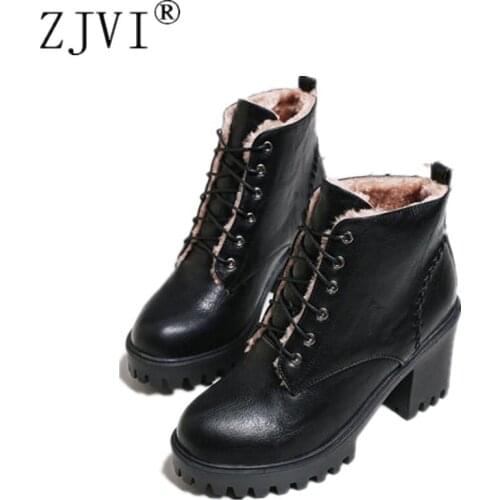 ZJVI Women Ankle Boots 2020 Woman Winter Autumn Boots Lace Up Boots Female Womens Square High Heels Shoes Warm Fur Ladies Plush