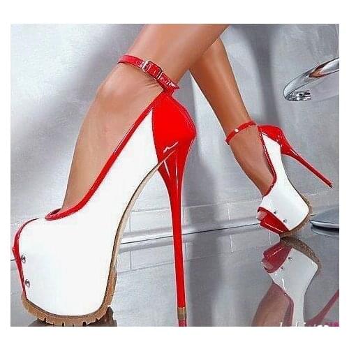 Moraima Snc Fashion Peep Toe Platform Pumps Woman Sexy Ankle Strap High Heel Shoes Super High Club Wearing Dress Shoes White Red
