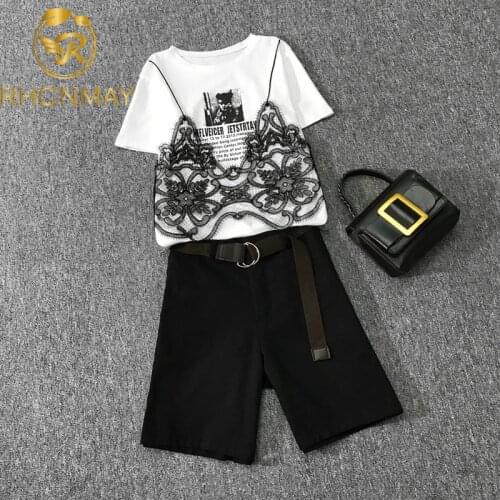 New Summer Two Piece Set Women Fashion False 2 pieces Lace Shirt Top + Wide Leg Pants Set High Waist Shorts Set Two Pieces Suit