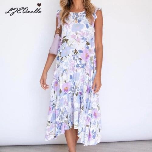 LZEQuella 2021 Loose O Neck Floral Print Long Dress Women Summer Sleeveless Ruffles Sexy Holiday Dresses Beach Sundresses NZ3574