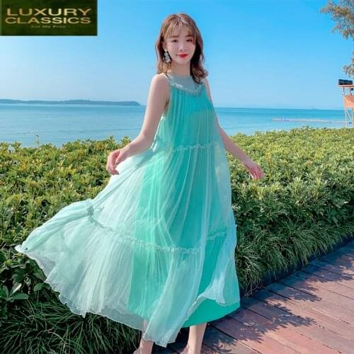 Women Summer Silk Dress Long Dresses Sleeveless White Beach Dresses Maxi Party Dress Vestidos Verano 2021 Clothes 08001