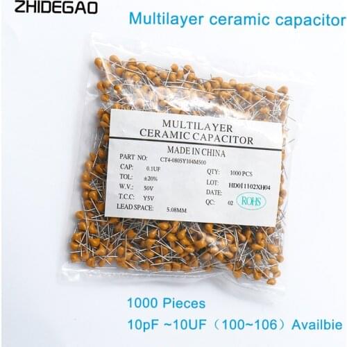 1000pcs/lot Multilayer ceramic capacitor 50V (100~106) 10pF~10uF 102 103 104 105 22pF 1nF 10nF 100nF 0.01uF 0.1uF 1uF P=5.08mm