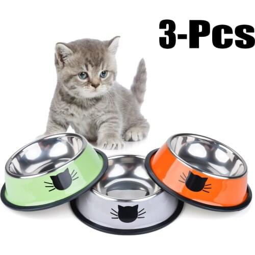 3Pcs/Set Fashion Cat Pet Bowl Stainless Steel Non-Skid Base Dog Bowl Cat Bowl With 2 Food Scoop Pet Accessories Cat Supplies