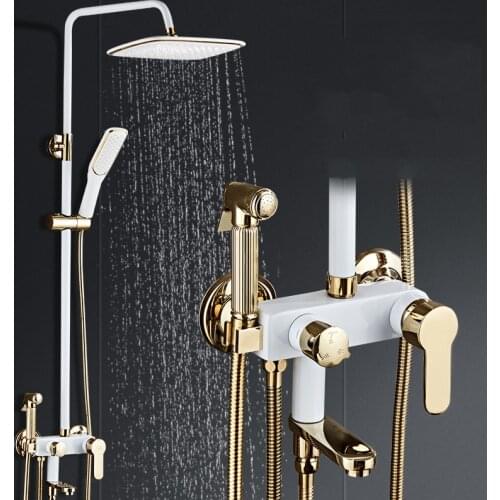 White black gold plated copper bathroom Thermostatic shower faucet bathtub shower faucet set waterfall shower head wall mixer