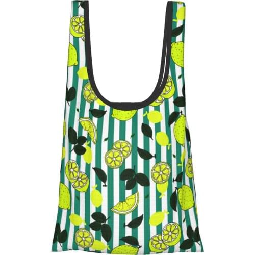 NOISYDESIGNS Yellow Lemon Leaves Blue White Stripes Folding Shopping Bag Eco Friendly Ladies Foldable Reusable Tote Bag Travel