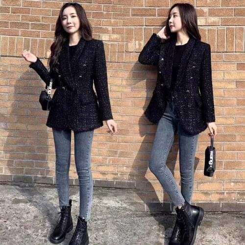 Black Blazer Women V-Neck Double Breasted Slim Autumn Winter Tweed Blazers British Style High Quality Ladies Suit Jacket Fashion