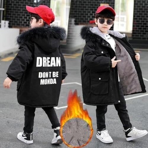 Teen Boys Winter Jacket Children Plus Velvet Warm Thick Hooded Coat Boy Outerwears Kids Clothes Black Blue Jacket Zipper Clothes