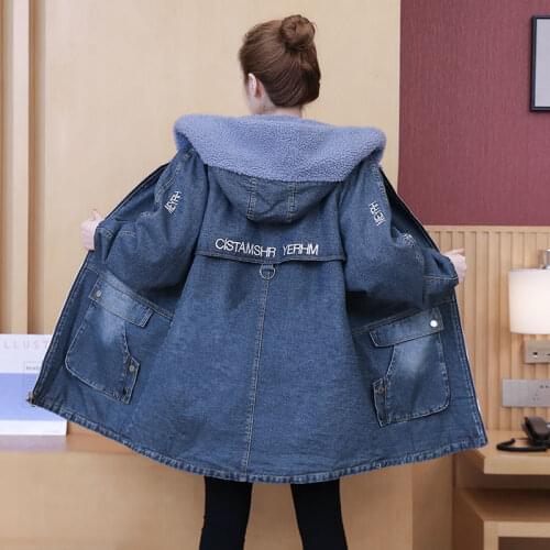 2021 Winter New Women Lamb wool Thick Denim Jacket Plus Size 5XL Loose Hooded Coat Casual Zipper Jeans Outerwear Warm Parkas