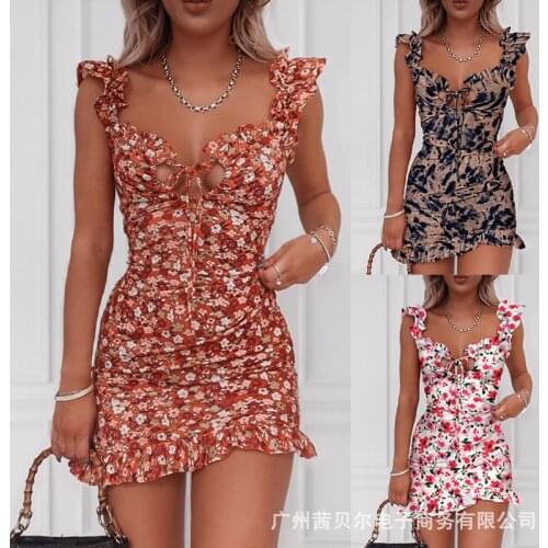 Summer Floral Print Tiedneck Ruffles Slim Sexy Mini Halter Dress Women Sleeveless Casual Vacation Beach Short Dresses Vestidos