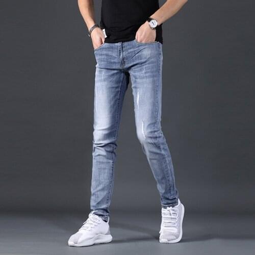 Light Blue Jeans Men 2021 Summer Casual Thin Slim Fit Pencil Pants Ripped Denim Trousers