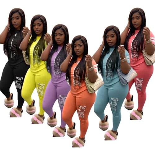 Summer Casual 2 Piece Set Pink Letter Print Sweatsuit Women Set Plus Size Set Short Sleeve Tops Skinny Pant Two Piece Tracksuit