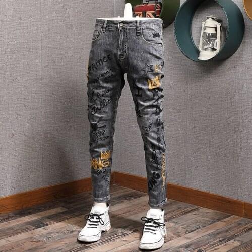European American Street Style Fashion Men Jeans Retro Gray Elastic Slim Fit Printed Jeans Men Embroidery Designer Hip Hop Pants