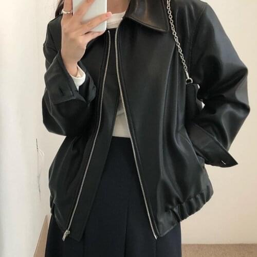 Long Sleeved Motorcycle Suit Leather Coat Female Streetwear Cool Korean Style Chic Loose Casual All Match Jacket Tops Women