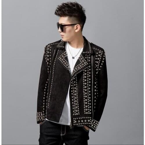 Mens nightclub casual handmade rivet fashion coat version of lapel diagonal zipper jacket locomotive punk costumes S-L
