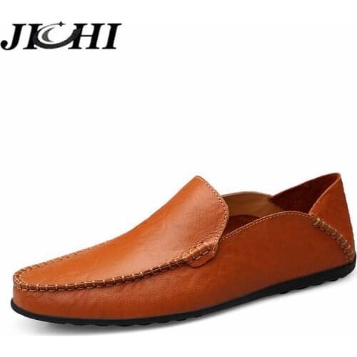 JICHI 2020 Hot Sale Men Loafer Shoes Casual Non-slip Flat Man Shoes Leather Genuine Comfortable Moccasins Male Shoes Big Size 46