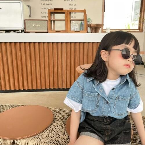 2021 Summer New Childrens Clothing Baby Boys Tee Shirt Children Blue Denim Shirt Girls Cowboy Shirts Baby Girl Clothes 2-7 Year