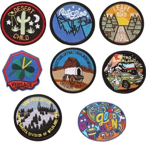 New Arrival Landscape Round Oil painting Cactus Camping Embroidered Appliques Iron On Mount Tower Patches Diy Night View Badges