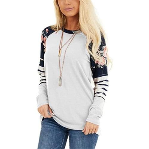 Autumn womens t-shirts stripe splicing printt-shirt loose long sleeve casual woman tees shirts female tops